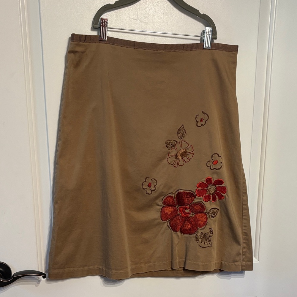 Speechless Tan A-Line Skirt with Orange Burgundy Stitched Floral/Boho/coachella